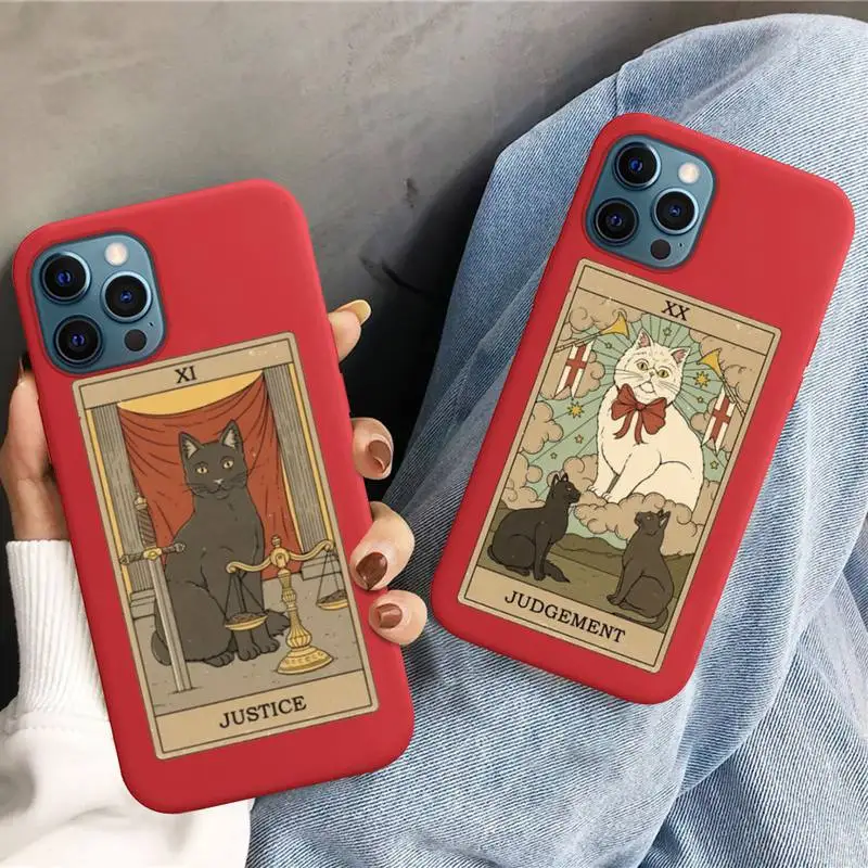

Tarot Cat Moon Phone Case for iPhone 11 12 13 Mini Pro Xs Max 8 7 6 6S Plus X XR Solid Candy Color Case