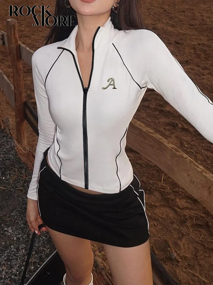 

Rockmore Women Bright Line Zip Up Tops Moto Biker Style Streetwear y2k Casual Joggers Long Sleeve Slim T Shirt Autumn Korean