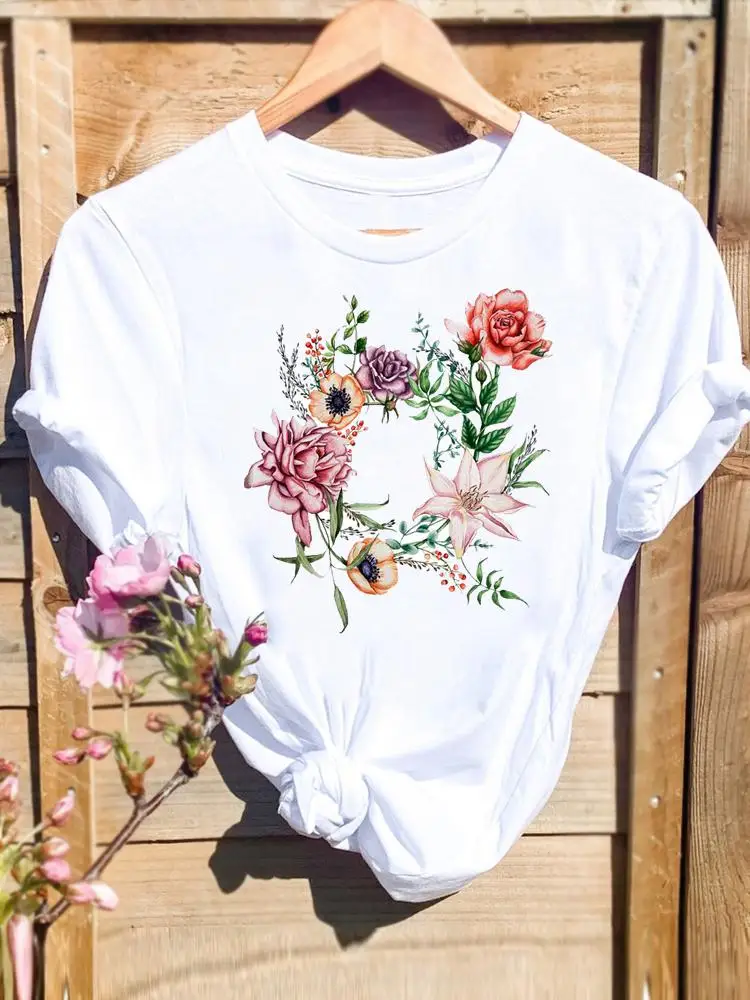 

T-shirts Tee Short Sleeve Cartoon Shirt Female Graphic T Top Women Watercolor 90s Flower Print Summer T-Shirt Fashion Clothing