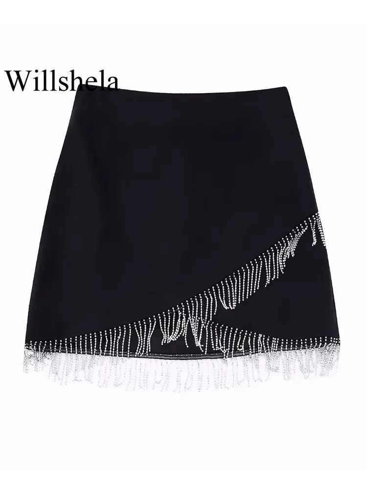 

Willshela Women Fashion With Beading Solid Side Zipper Mini Skirt Vintage High Waist Female Chic Lady Skirts Mujer Outfits