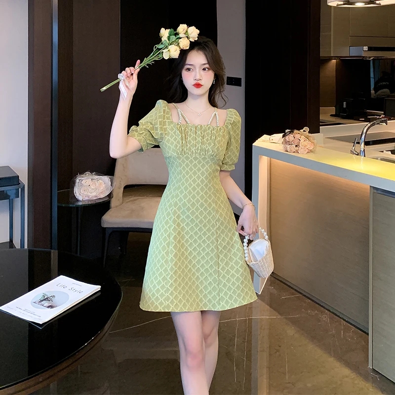 

French Jacquard Dress 2023 Summer Bead Dress Polyester Knee-Length