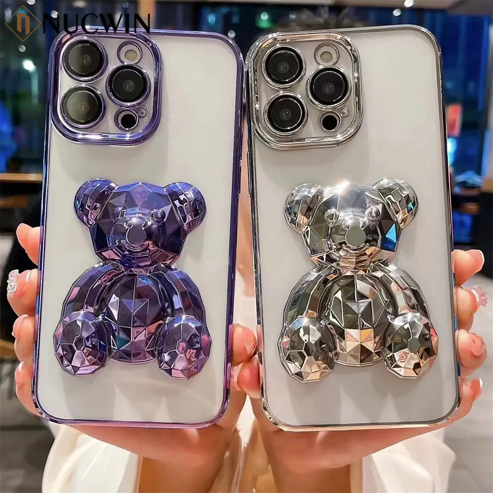 

For iPhone 11 Luxury Glitter Bear Transparent TPU Case For iPhone 14 13 12 Pro Max 14 Plus Lens Protection Plating Soft Cover