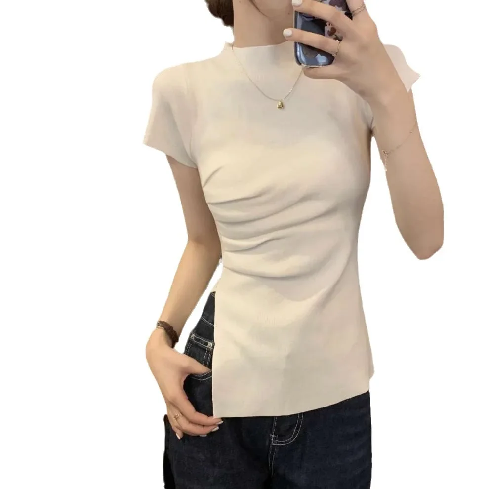 2024 белая женская летняя укороченная футболка с высоким воротником до половины