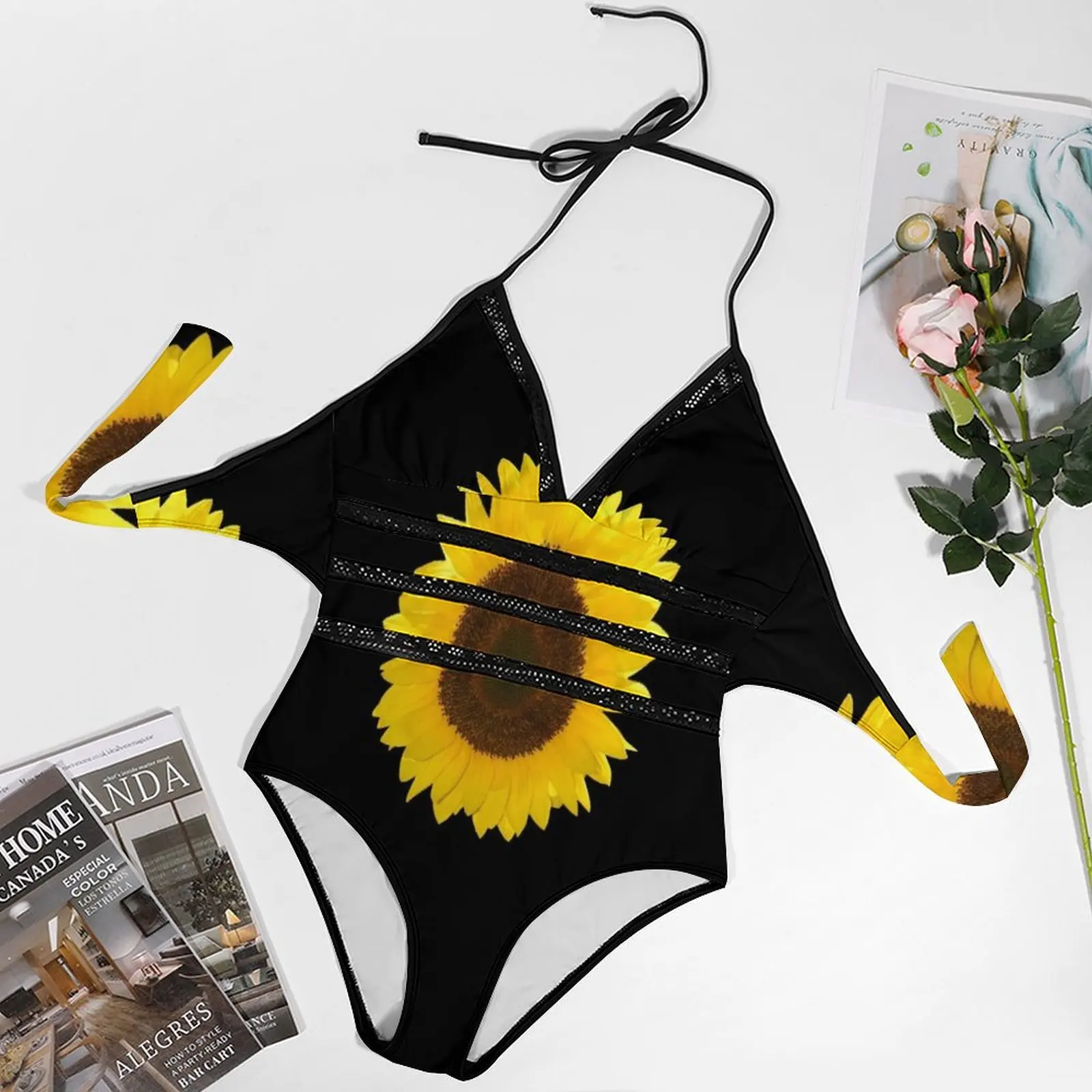 Привлекательный черный сетчатый слитный купальник с подсолнухом открытой