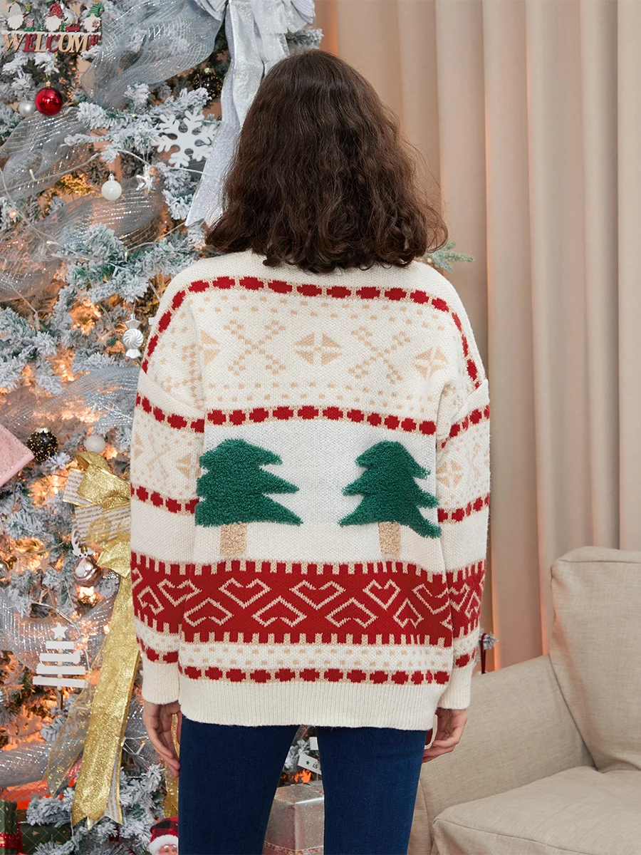 Women Comfy Loose Sweaters Casual Cute Christmas Tree Pattern Warm Long Sleeve Pullover Knitwear for Fall Streetwear
