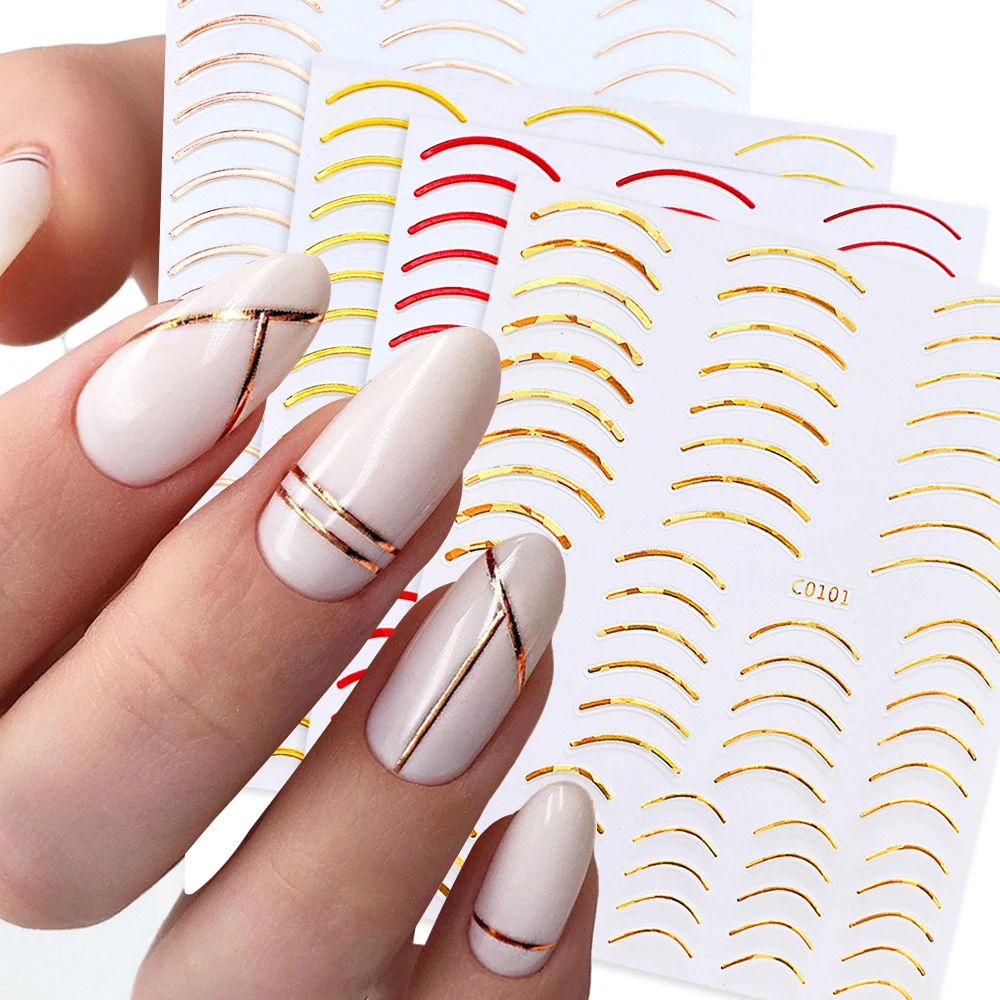 

1pc French Tips Nail Stickers 3D Silver White Sliders Gold Rose Curve Stripe Lines Tape Swirl Stickers Adhesive Nail Art Decals
