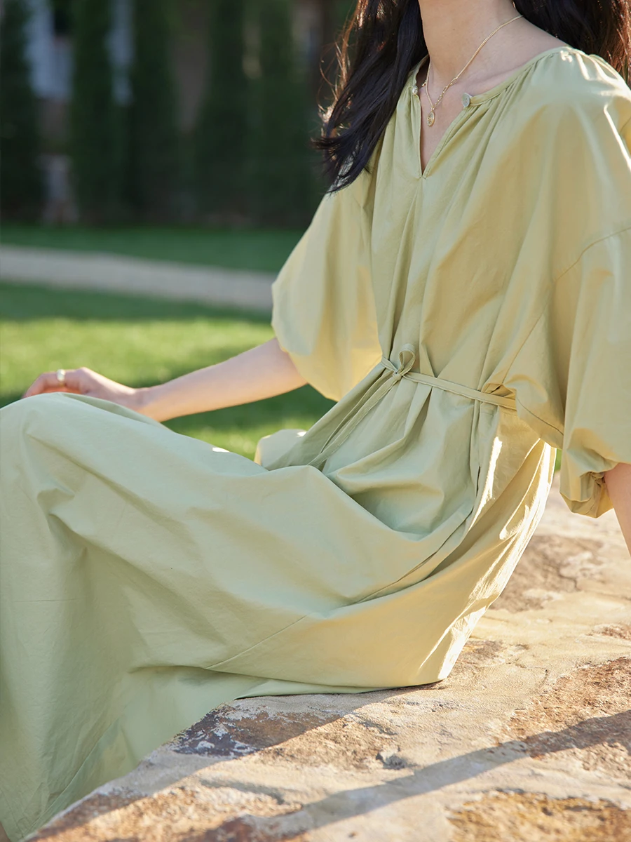 

Solid Color New 2022 ladies O-neck Elegant Loose Beach cotton linen dress fashion Party Female Dress Vestido