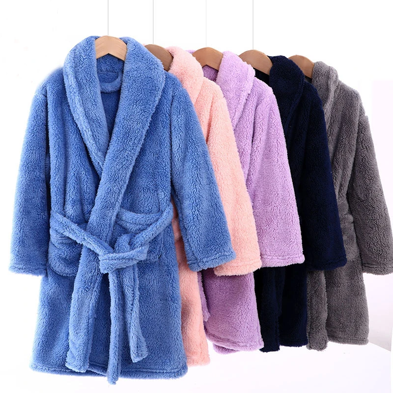 

Winter Bath Robes for Big Kids Fashion Children Girls Solid Color Flannel Warm Sleepwear Boys Homewear Family Matching Robes New