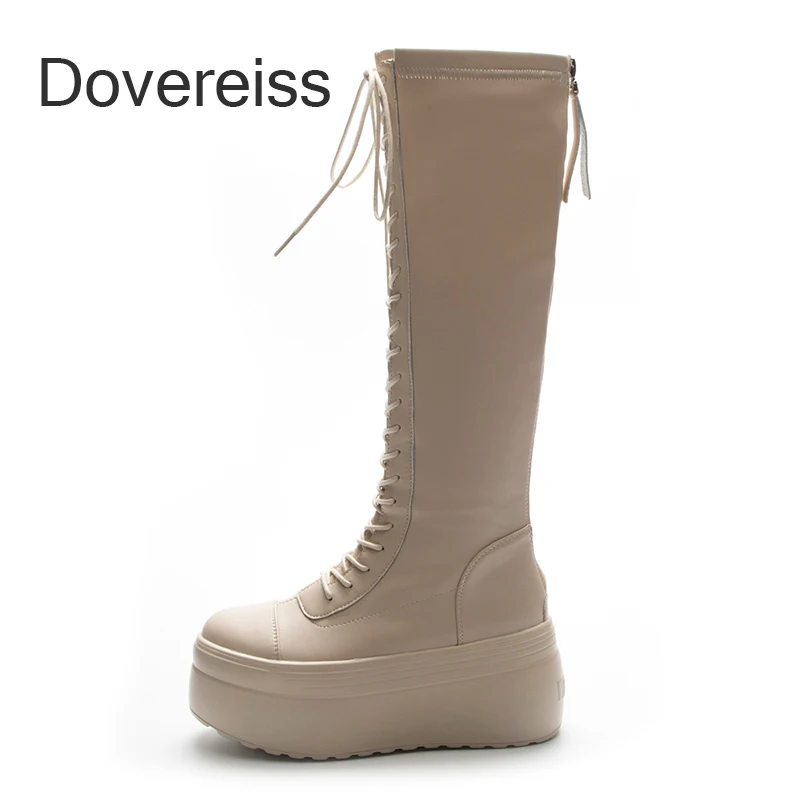 

Dovereiss Natural Brown Real Leather Cross Tied Fur Snow Boots Knee High Boots Platform Winter Women Boots Booties Ladies 40