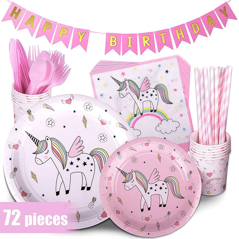 

Горячая Распродажа Розовый Единорог детский баннер на день рождения тянущийся флаг бумажная чашка десертная тарелка товары для вечеринок