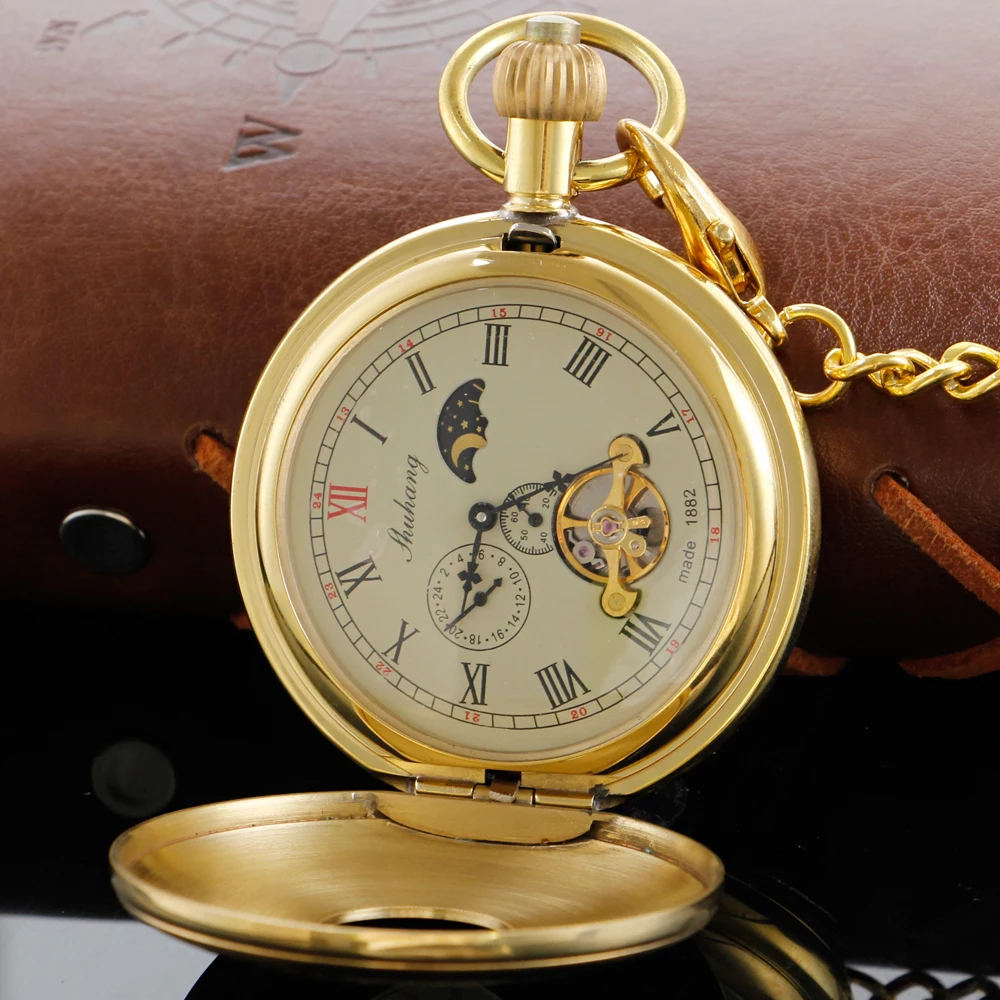 Deluxe Gold Flywheel Mechanical Automatic Chord Pocket Watch Roman Digital Skull Dial Pendant Automatic Antique Clock Gift