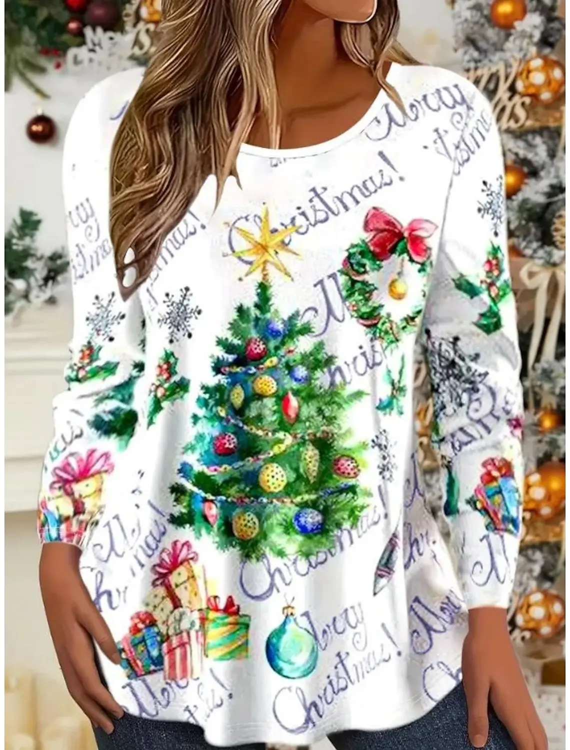 Женский свитшот с круглым вырезом длинным рукавом и принтом