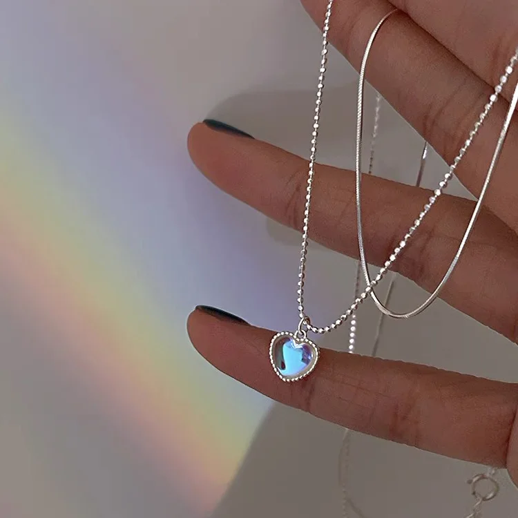 

925 Sterling Silver Double Layer Love Heart-shaped Moonstone Pendant Necklace Women Gradient Gemstone Clavicle Chain Jewelry