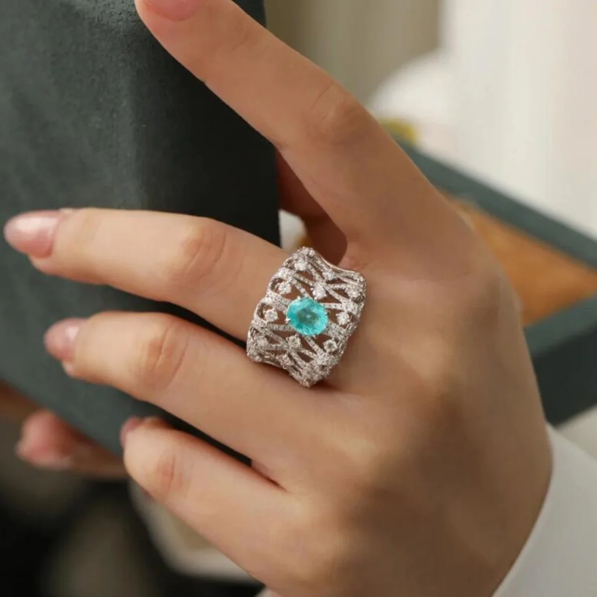 

Supernatural Luxury Jewelry S925 Silver AAAAA Zirconia Geometric Aquamarine Rings for Women Adjustable Size Prom Jewelry Gift