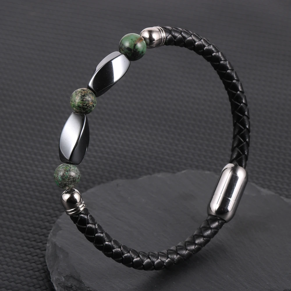 

Men Women Stainless Steel Buckle Natural Stone Faced Hematite Turquoises Beads Bracelets Genuine Leather Wristband Jewelry