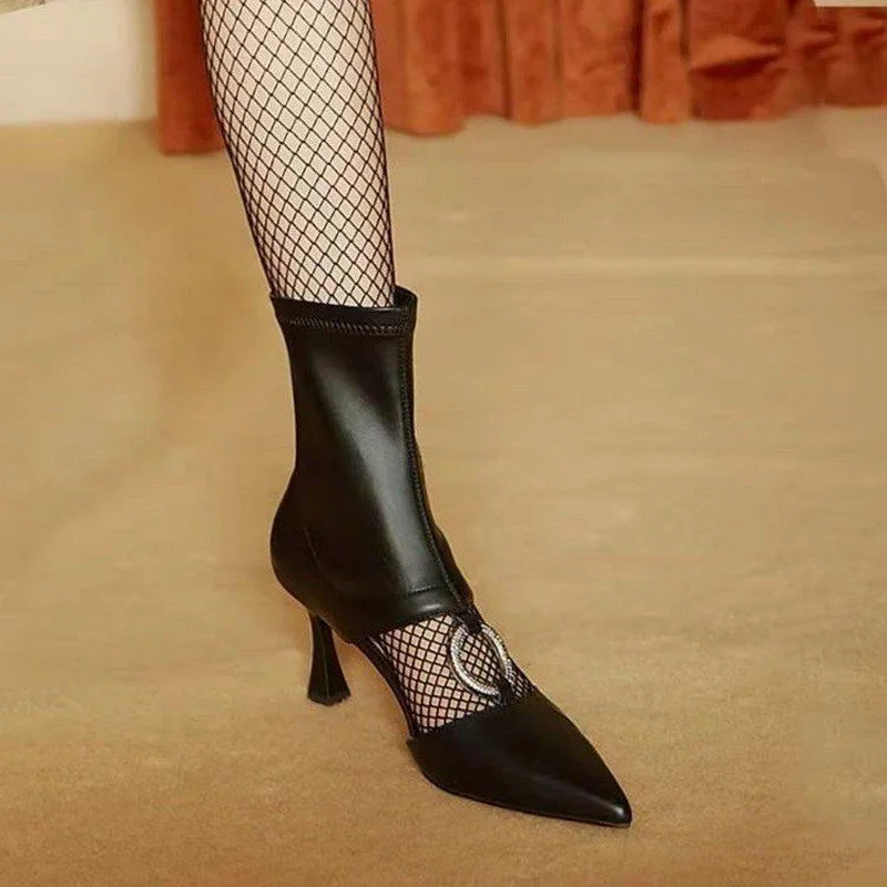 

FHANCHU 2022 New Sandals Boots ,Sexy Rhinestone Summer Heels,Front Hollow Out Botas,,Pointed Toe,Black,Beige,Dropship