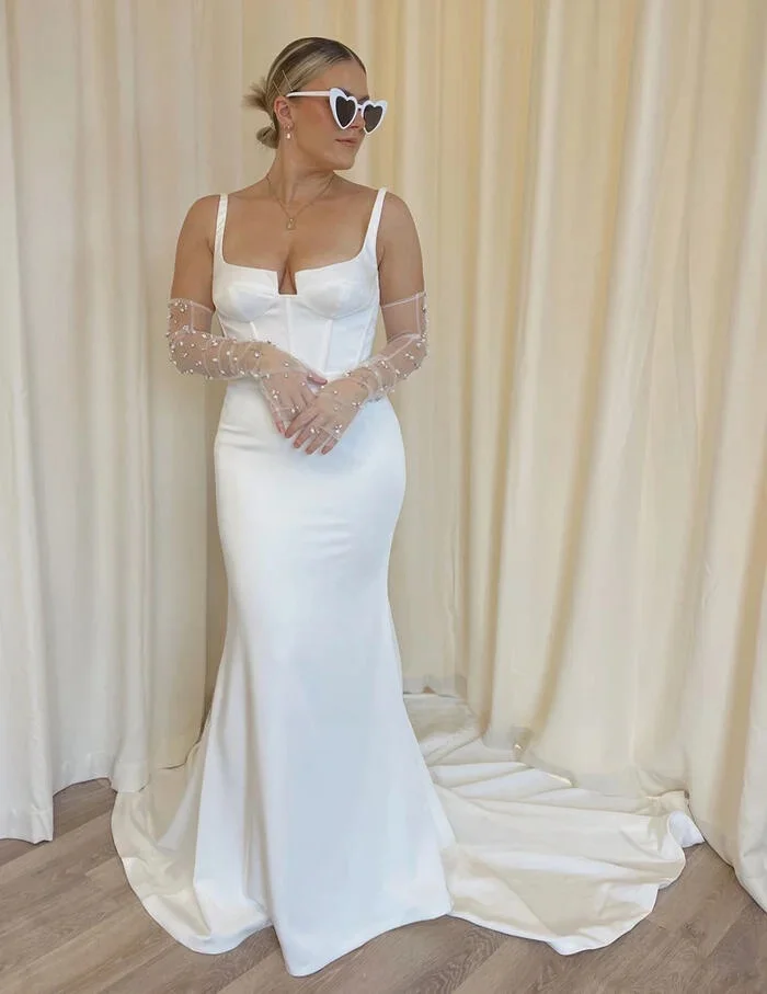 Фото Vestidos De Noiva потрясающие простые атласные свадебные платья на тонких бретельках Милое платье русалки невесты женское пляжное платье Mariee №1