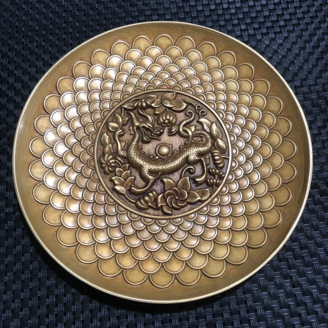 

Антикварная коллекция из чистой меди четыре мифических зверя Qinglong декоративная тарелка ручная работа Изысканные домашние поделки Orname