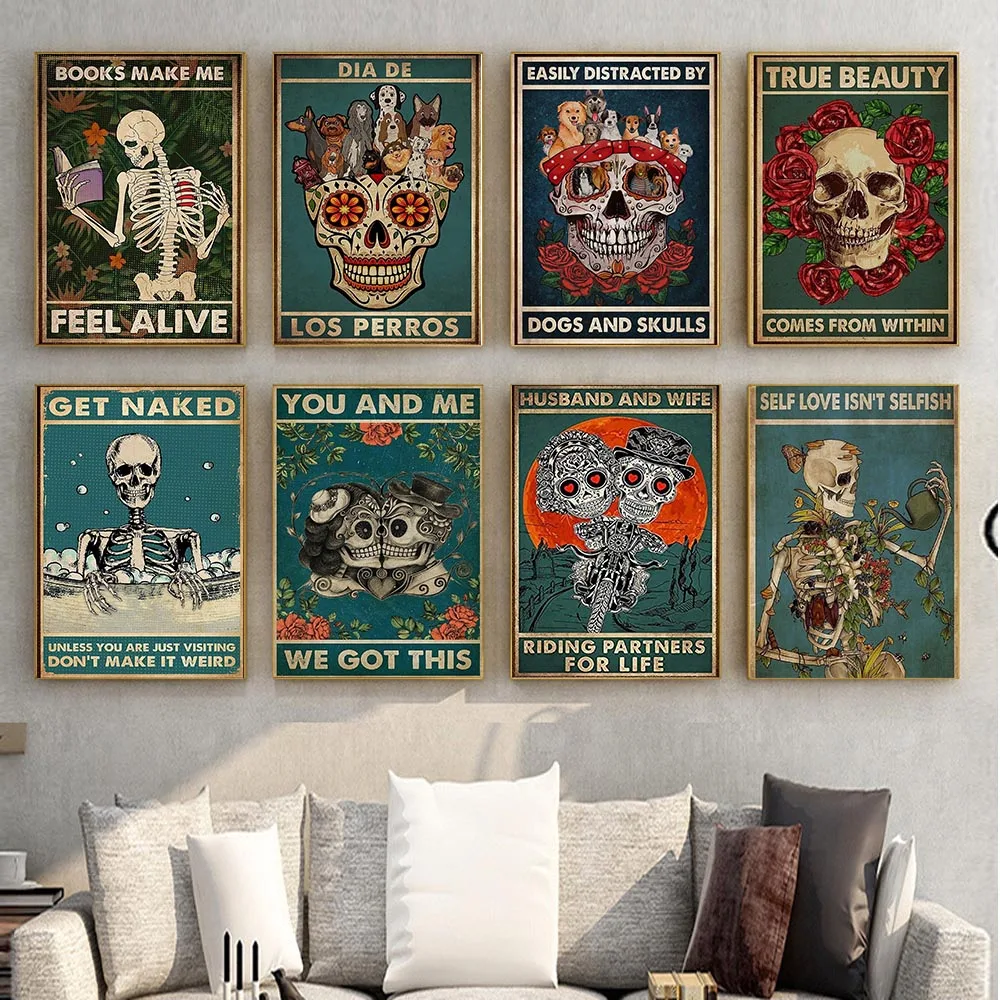 Ретро Искусство Забавный Скелет Череп Холст Картина модный персонализированный