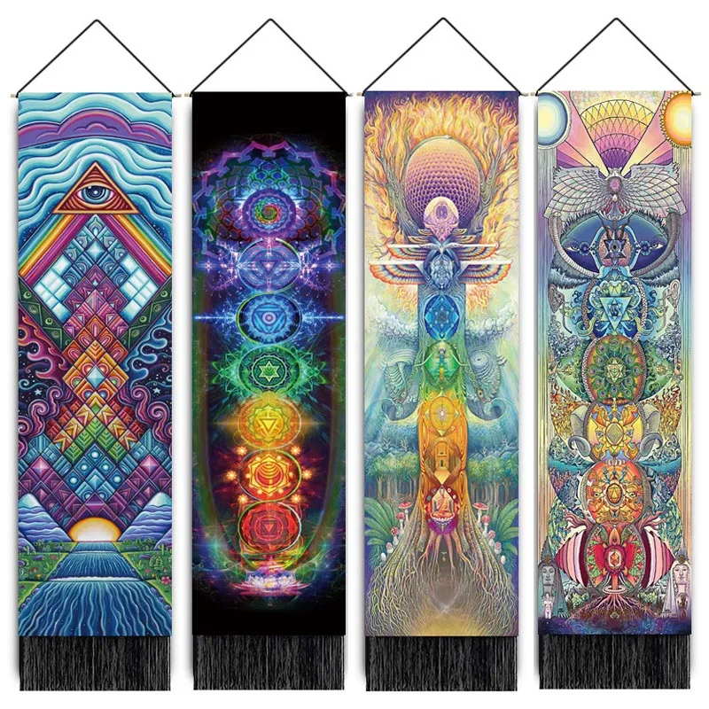 Seven Chakra Tassel Tapestry Bohemian Mandala Yoga Meditation Wall Hanging for Home Bedroom Living Room Decoration 32.5x130cm