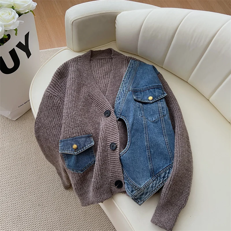 Женский вязаный кардиган в стиле Харадзюку свитер цвета хаки пэчворк с V-образным