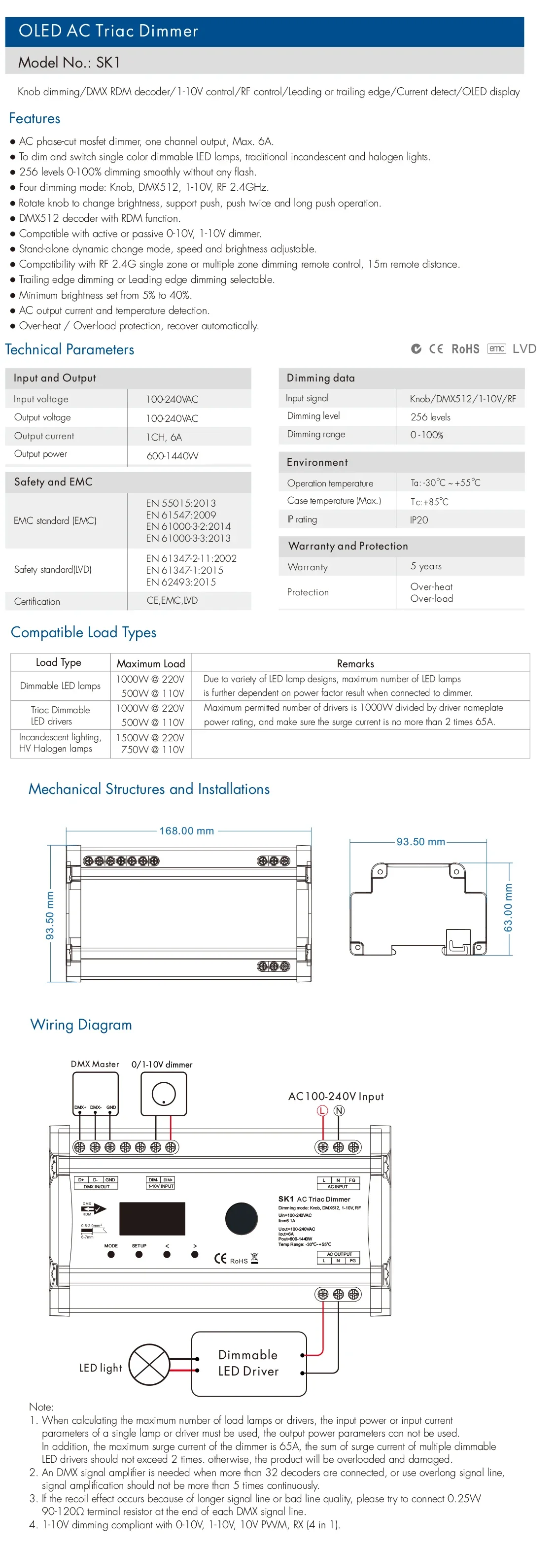 Регулятор яркости Triac светорегулятор 1CH * 6A SK1 DMX512 RF протокол сигнала 2 4G 1-10 В