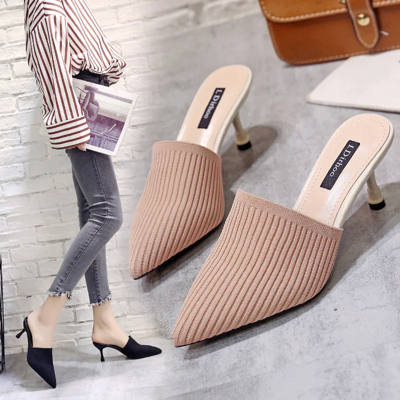 

Thin Heels Slippers Casual Low Shoes Cover Toe Slides Heeled Mules Slipers Women Luxury High Soft 2023 PU Rome Cotton Fabric Fas