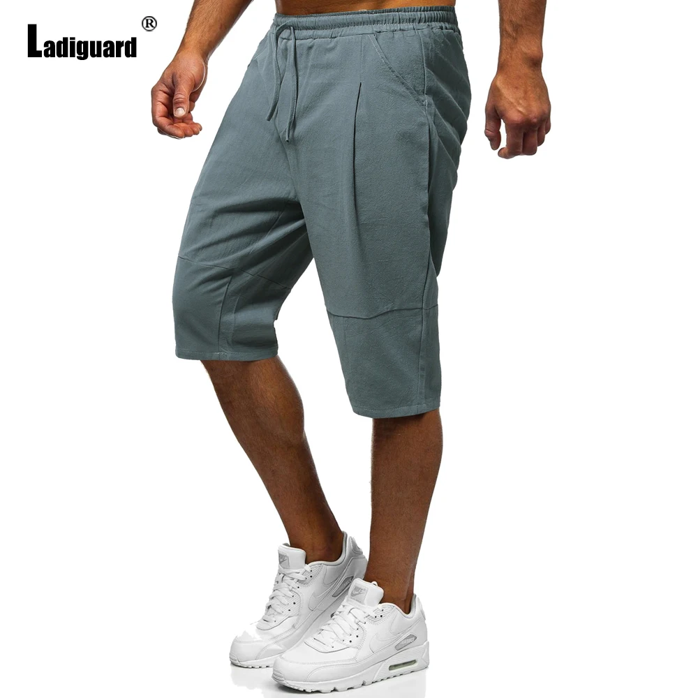 Ladiguard Plus Size Men Casual Stand Pocket Shorts 2022 European Style Fashion Short Pants Male Drawstring Half Pants Gray green