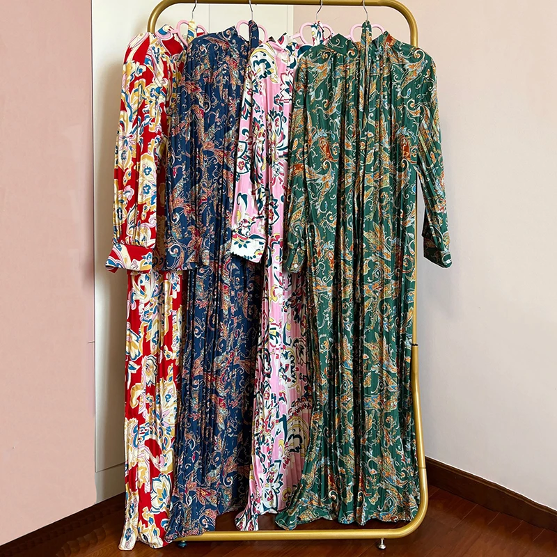 Women Printed Floral Abaya Dress Pleated Long Sleeves With Belt Middle East Dubai Turkey Evening Party For Muslim Hijab Dress
