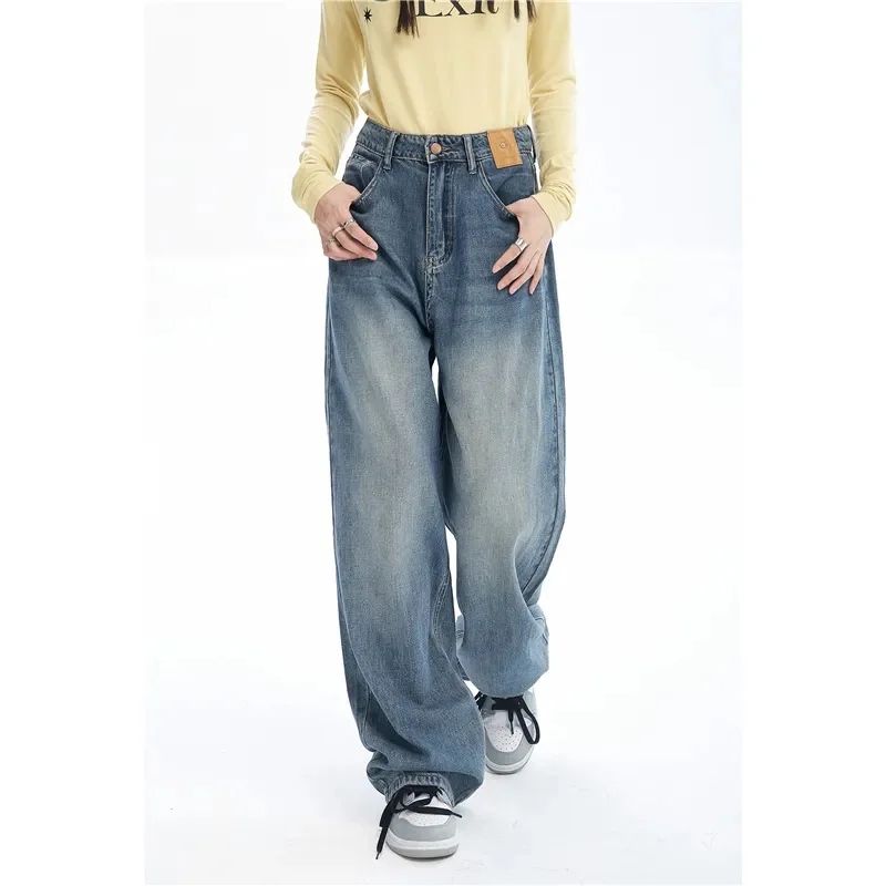

Женские синие джинсы контрастных цветов с высокой талией, широкие брюки в американском уличном стиле, модные мешковатые винтажные прямые осенние брюки, новинка