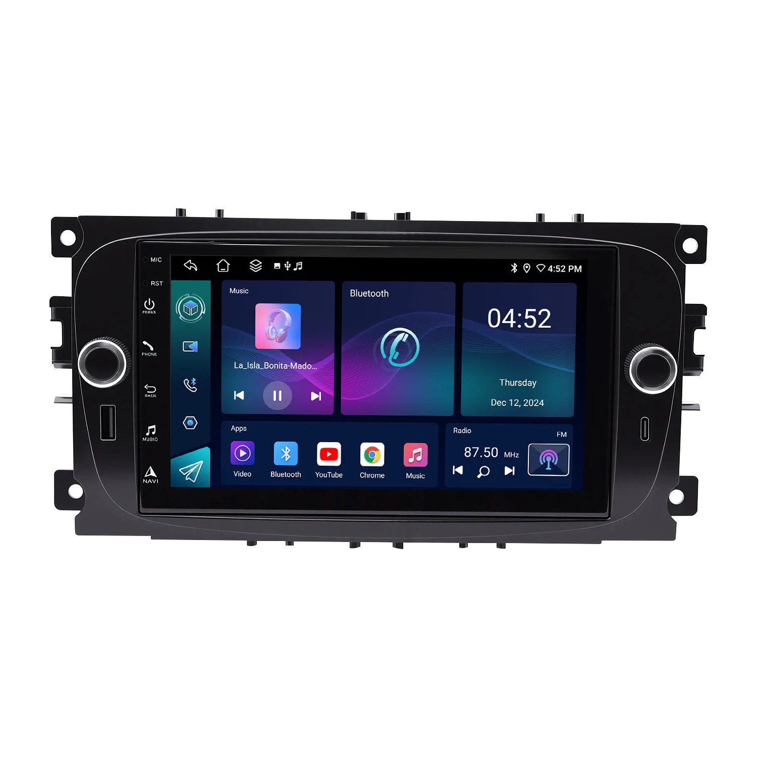 Фото 7-дюймовая автомобильная магнитола Android Type-C для Ford Focus 2005-2013 с беспроводным CarPlay, Android Auto, GPS-навигацией, Bluetooth и управлением с руля №2