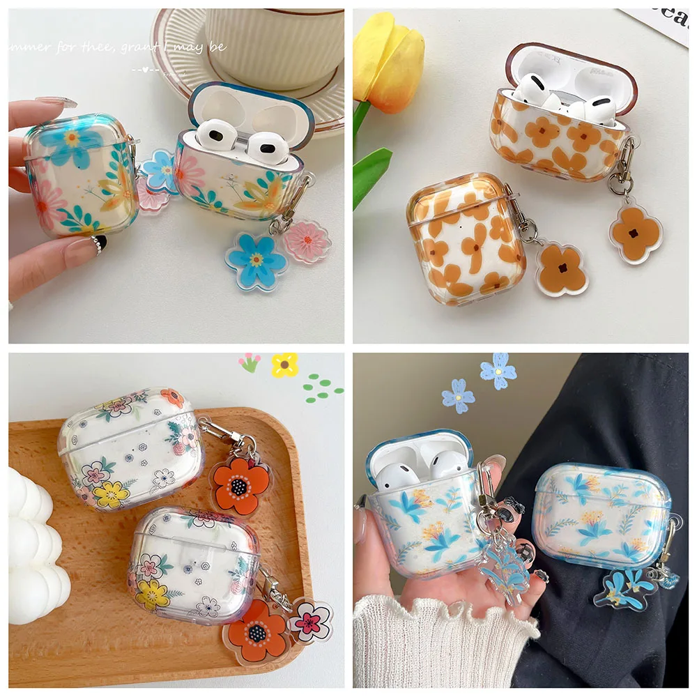 

Korean Clear Fresh Flowers Leaf Case with Keyring for AirPods 1 2 Pro Bluetooth Earphone Cases for AirPod 3 Soft Colorful Cover