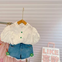 girls lace puff sleeve top and flower denim shorts set toddler girl clothes kids boutique clothing wholesale