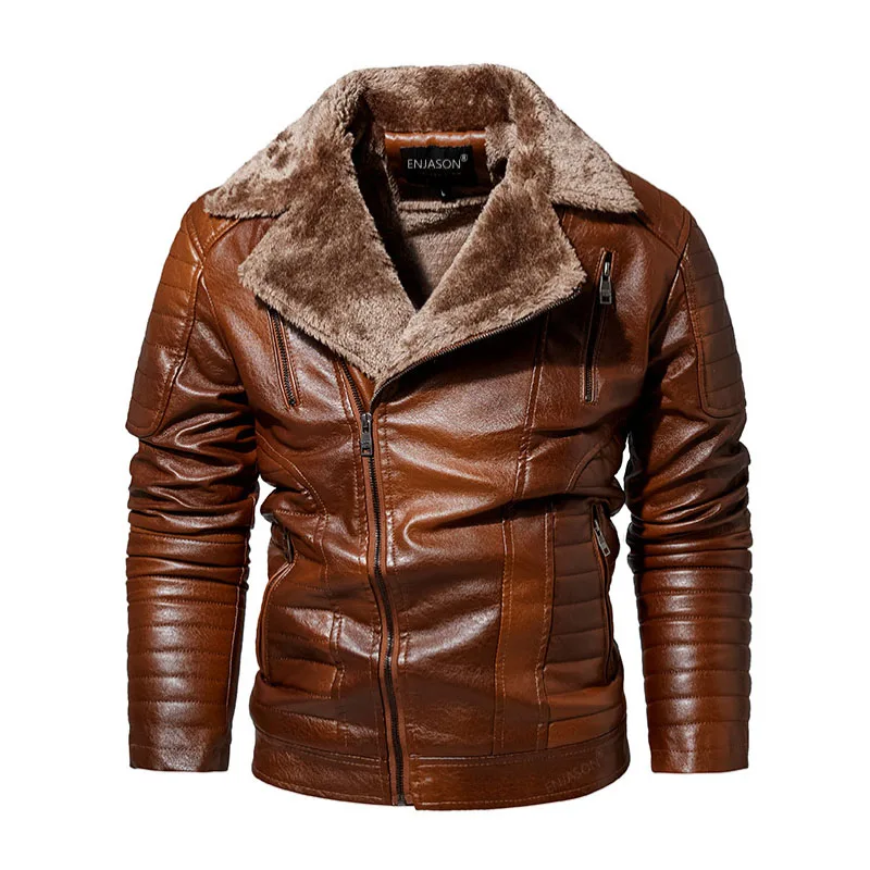 

Зимняя плюшевая мотоциклетная интегрированная мужская куртка из искусственной кожи с мехом