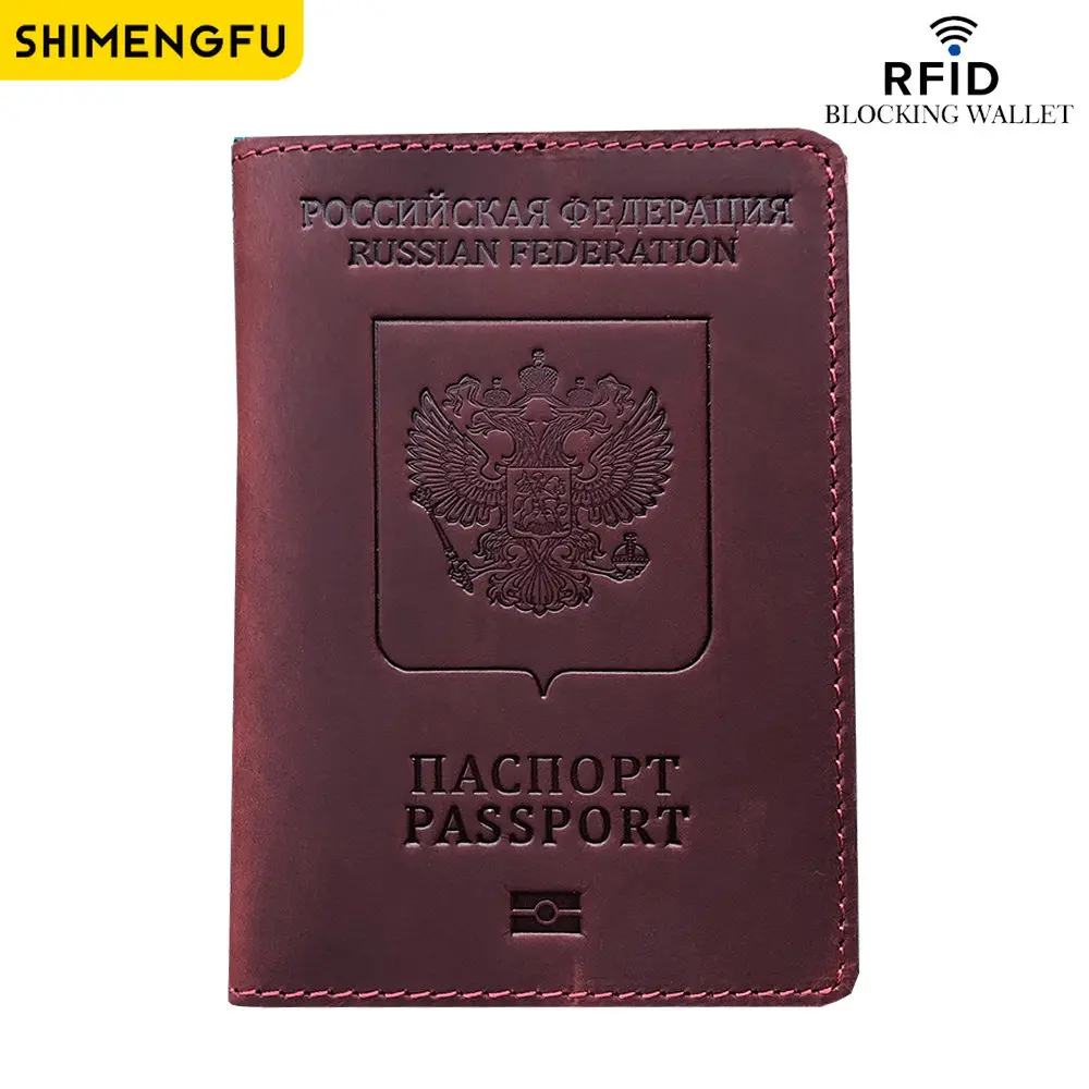 RFID Anti-theft Genuine Leather Russia Passport Holder Case Cover Full Grain Leather Passport Gift for Travel  Passport Wallet