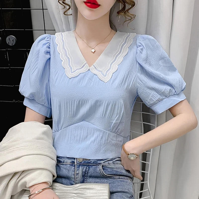 Женская шифоновая блузка с пышными рукавами голубая или розовая элегантная