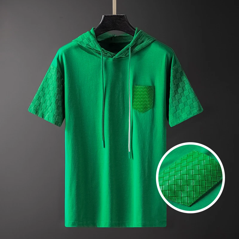 

2022 Trend Slim Fit Splicing Lattice Short Sleeve Tees Shirt Social Club Outfits Summer Top Streetwear Green Hooded Men T-shirt