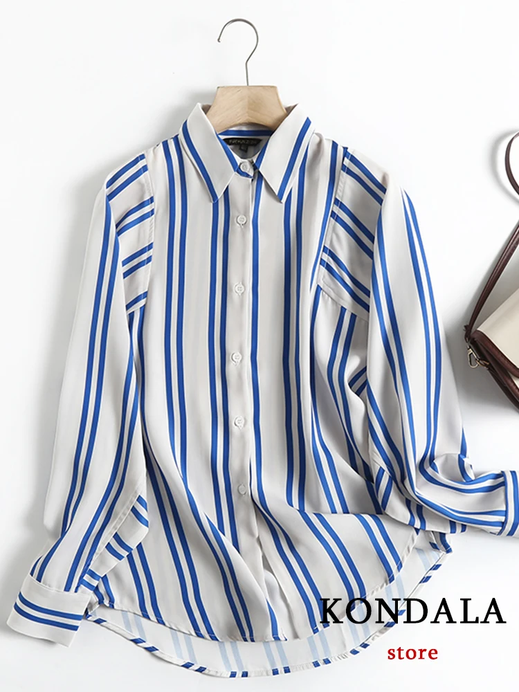 

KONDALA Vintage Striped Print Loose Women Shirts Office Lady Single Button Oversized Long Shirts Female Fashion 2022 Elegant Top