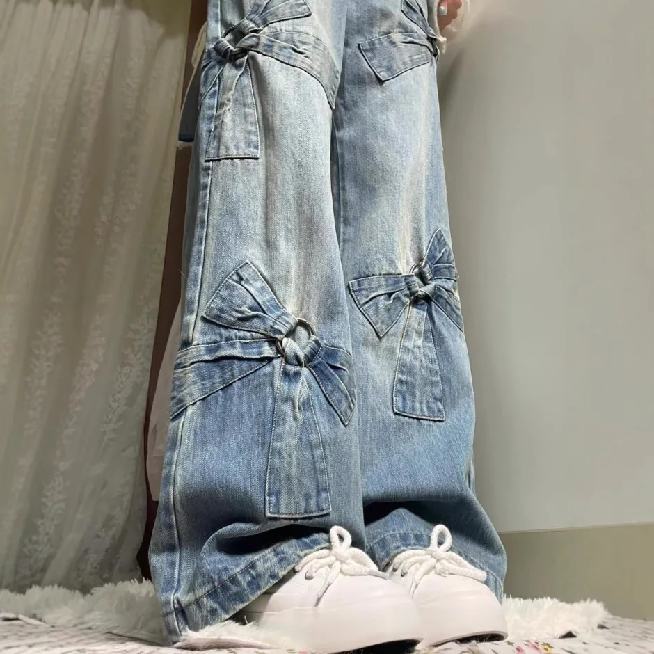 Американские винтажные широкие джинсы с бантом прямые высокой талией для женщин