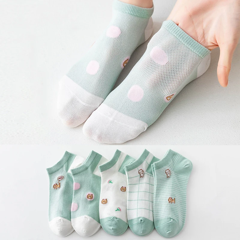 

5 пары/компл. женские хлопковые вышитые Женские однотонные дышащие Веселые Повседневные носки с улыбкой 2022