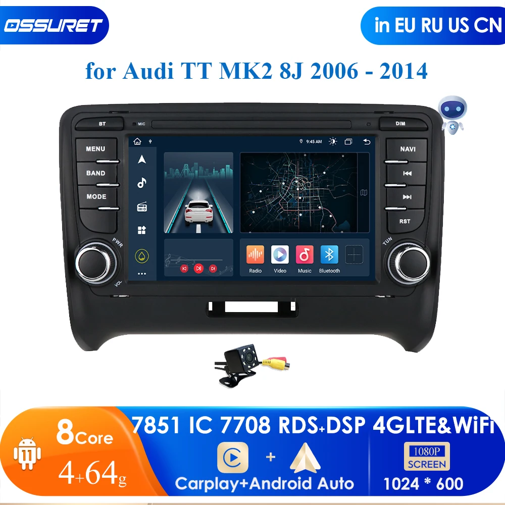 

4G-LTE Carplay 2Din Android Car Multimedia Player for Audi TT MK2 8J 2006 - 2014 Navigation GPS Audio Stereo AutoRadio Head Unit