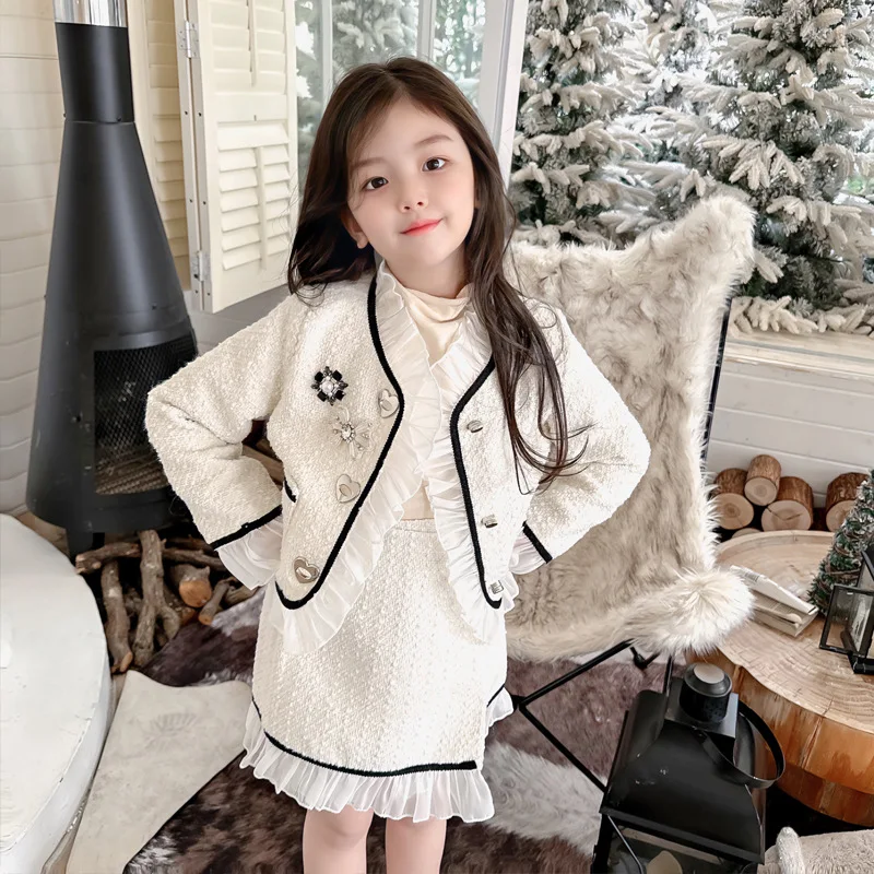 

Fashion Kids Girls Princess 2pcs Clothes Set Spring Autumn Children Sweet Design Coat Outwear+SkirtsVintage Outfits Suit 3-12Y