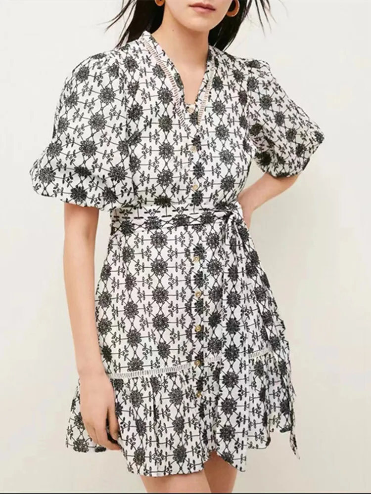 

Embroidery Hollow out Women V-neck Mini Robe Single Breasted Lace-up Short Puff Sleeve Lady Dress 2022 New