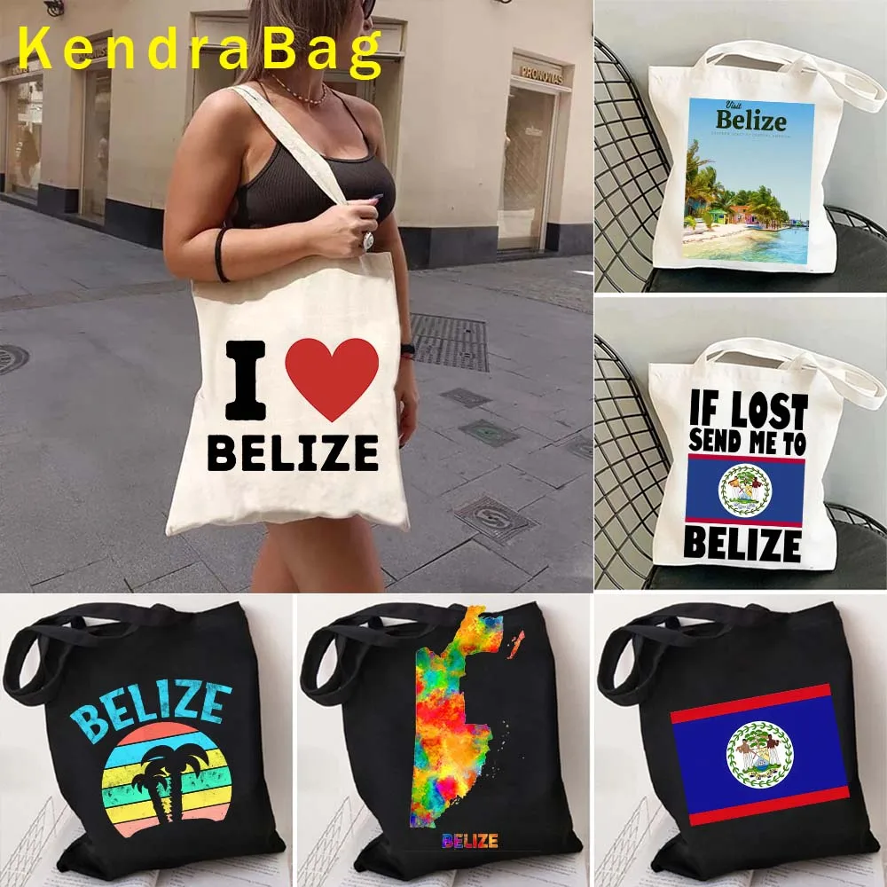

BELIZE Palm Island Arms of Belize Country Map Flag Watercolor Girl Women's Love Heart Shopper Canvas Totes Bag Shopping Handbags
