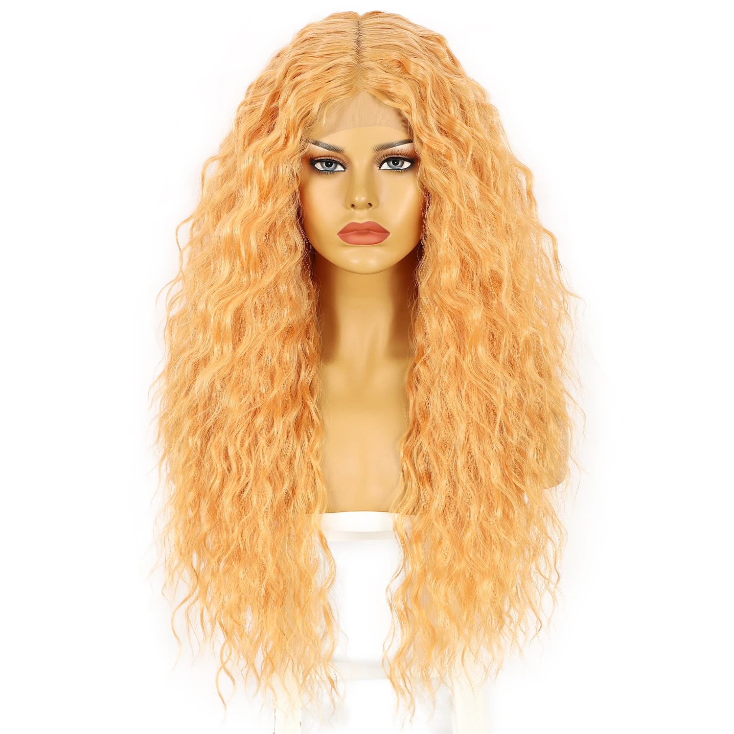 28 Inches 13x1 Lace Front Wigs Yellow Curly Heat Resistant Synthetic For Black Women Hollywood Party Costume Cosplay Wigs