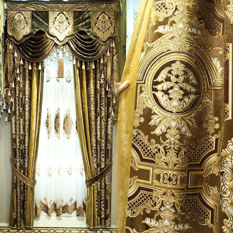 

Европейский Декор виллы роскошный золотой утолщенный жаккардовый занавес 3D позолоченный гравированный затемненный занавес s для гостиной ...