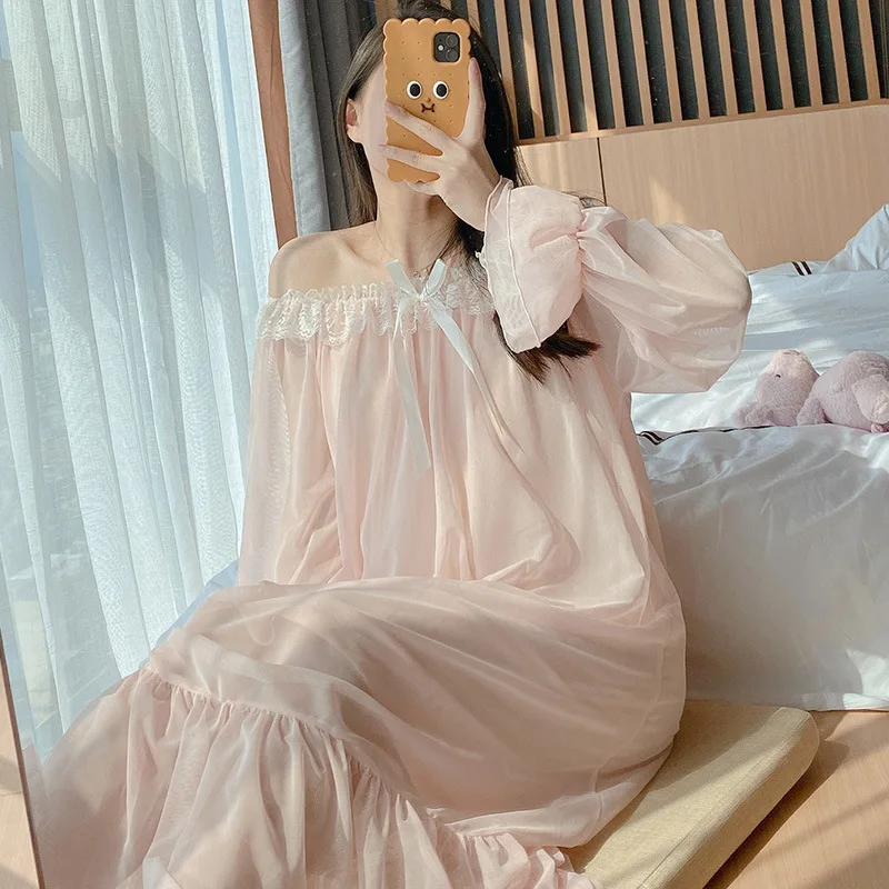 Lace Sexy Luxury Homewear COTTON Sleepshirts Slash neck Women Long White Nighties Homewear Dress Nightgowns Sleepwear