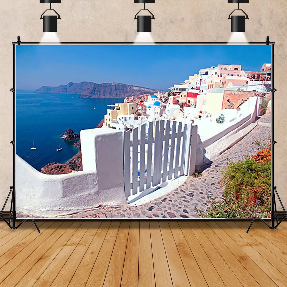 

SHUOZHIKE белые здания в старом городе остров Санторини и пейзаж в Эгейском море фотографический фон