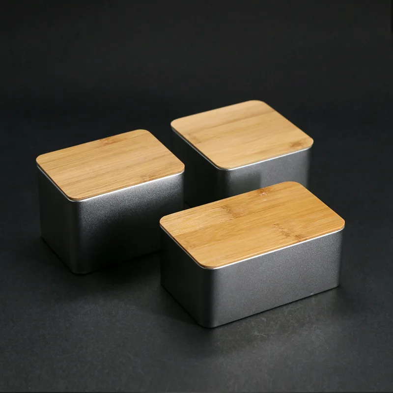 

Bamboo Creative Square Tea Cans Metal Food Universal Packaging Box Spot Tinplate Smell Proof Container Canister Set Kitchen
