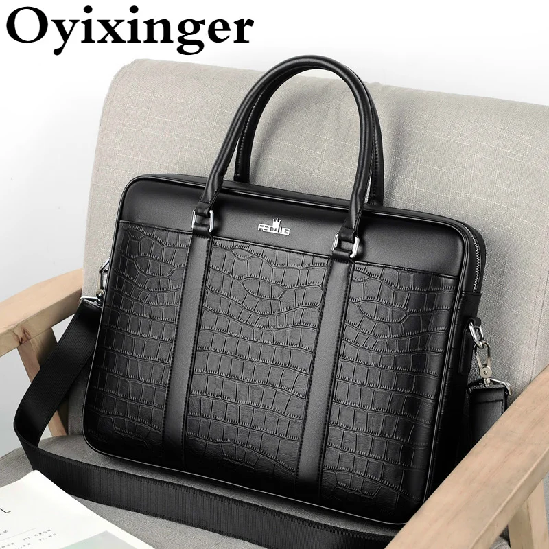 Oyixinger Men's Bag Fashion Business Briefcase For Men Crocodile Pattern Leather Handbag For 14inch Laptop Casual Shoulder Bags